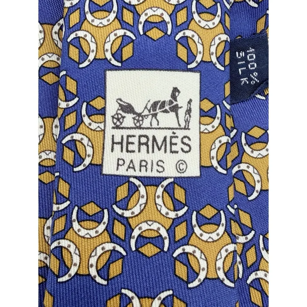 Hermes Paris Silk Tie Blue Gold Horseshoe Geometric Mens Silk Cravat 5008 EA